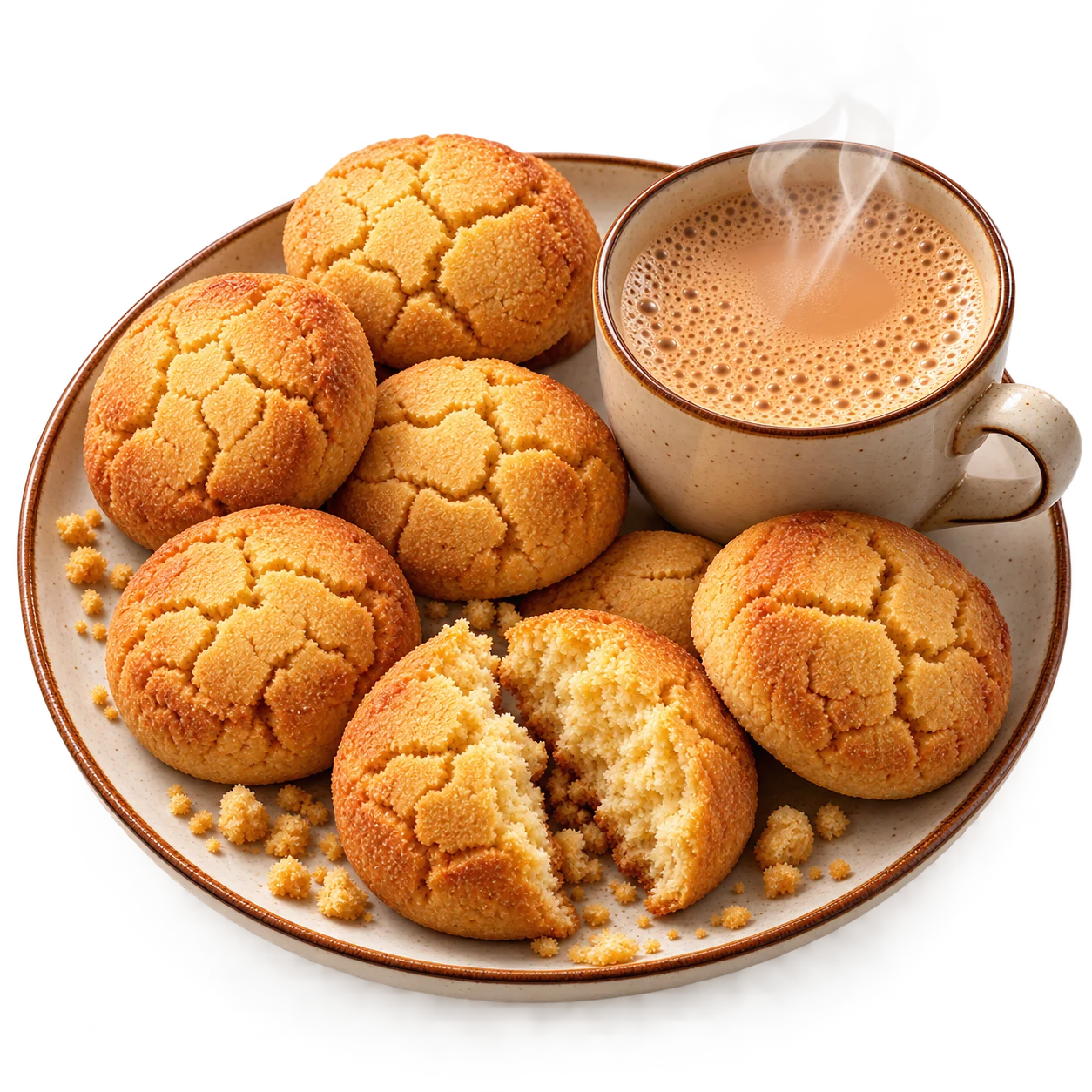 Osmania biscuits on a plate beside a cup of Irani chai